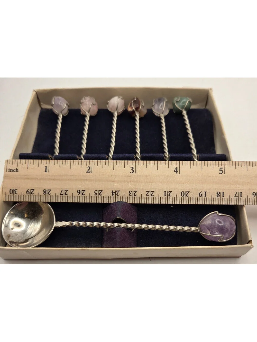 Vintage Barasch Sylmar Brasil Set 7 Twisted Stem Demitasse Spoons Caged Stones